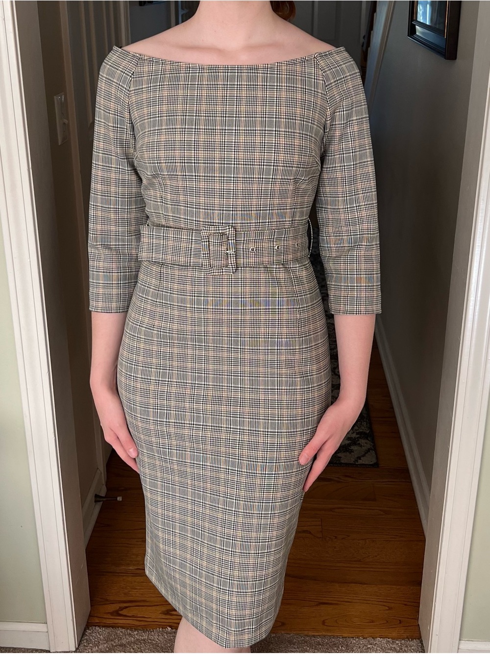 Plaid Belted Sheath Dress in Neutral Pattern